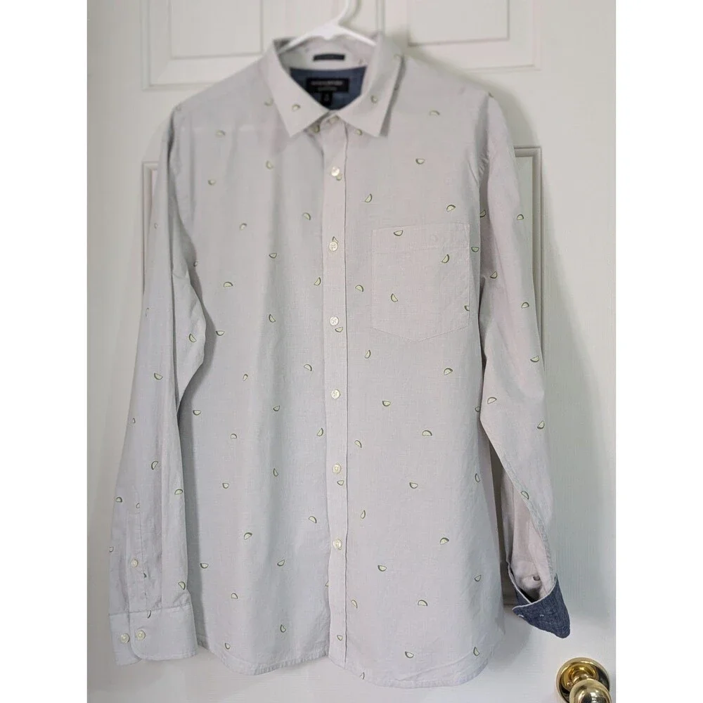 Banana Republic L/S Button Shirt Mens XL Gray Lime Wedges Untucked Fit Pocket
